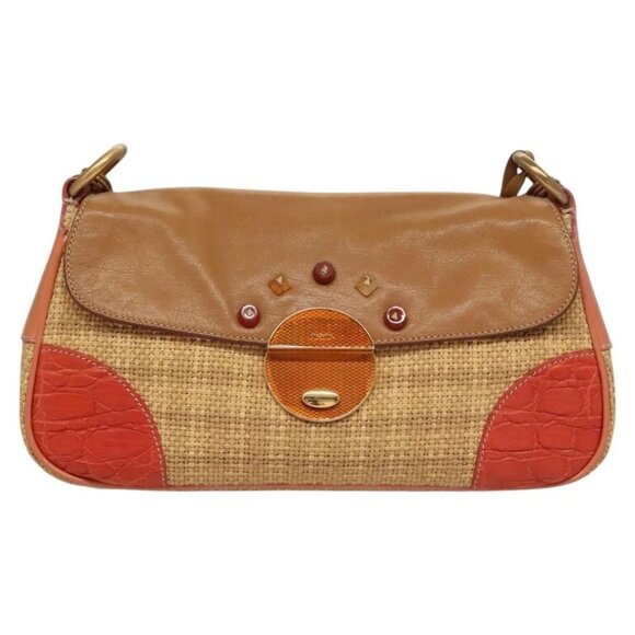 PRADA Shoulder Bag straw Beige Gold Auth 117908 - Picture 1 of 16
